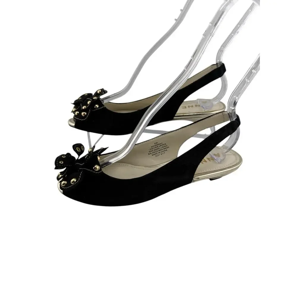 Anne Klein AK Farrah Black Suede Gold Stud Bow Slingback Heels Sz 6 M NWOB